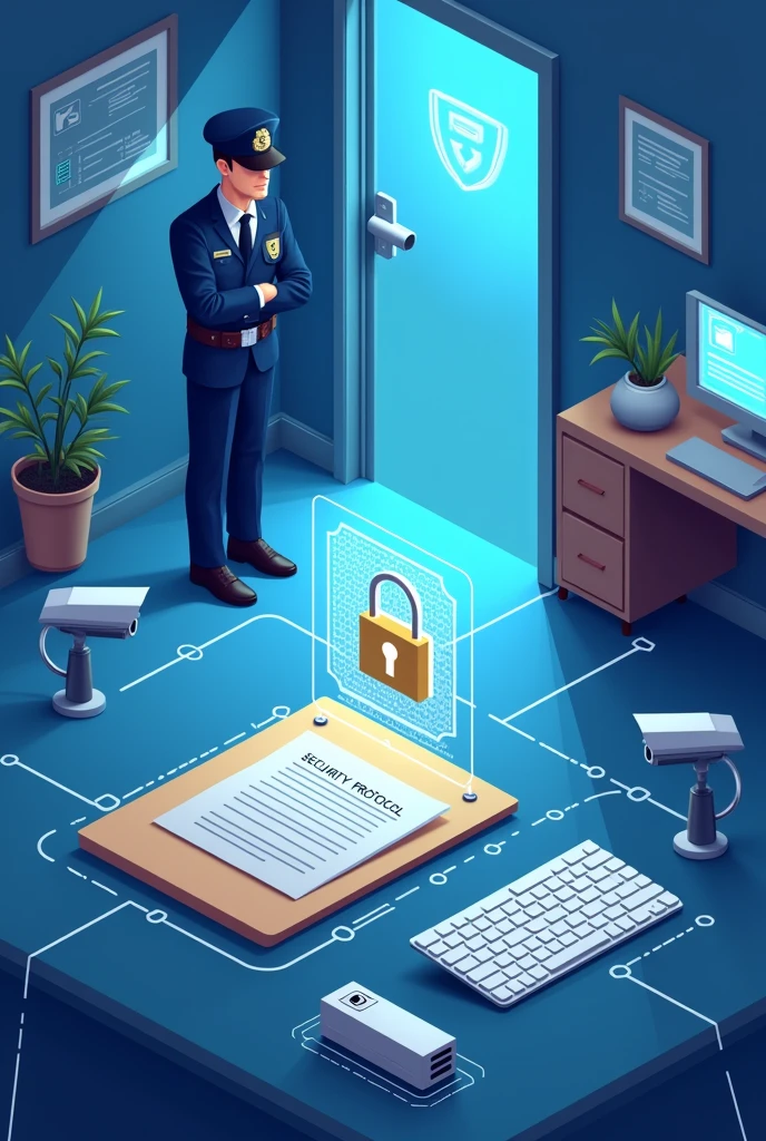 "An illustration that shows an office environment where various security measures are implemented to protect personal data. In the middle, a folder with the personal data icon is surrounded by security elements: a digital padlock on a keyboard (depicting technical measures), a security guard next to a closed door (Depicting physical measures), and a document marked 'Security Protocol' on a desk (depicting administrative measures). At the bottom, security cameras and a biometric authentication system can be seen. The image should highlight how all these measures integrate to protect data from damage, loss, alteration, destruction or unauthorized access."