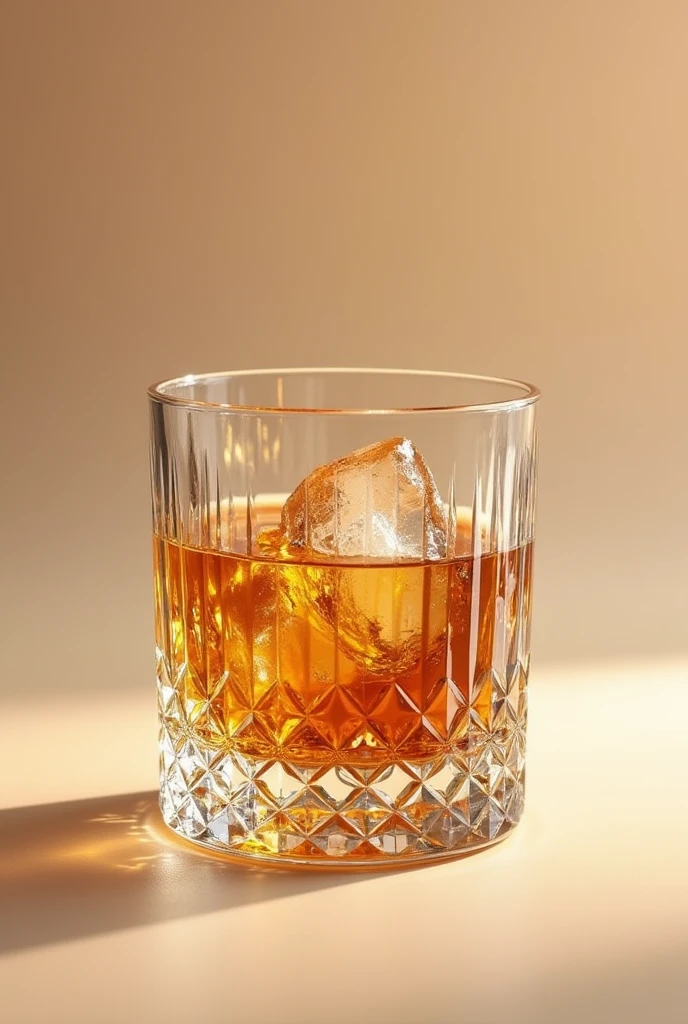 smaller short glass of wiskey with many cristal details and ice inside taking a realistic photo with beige background