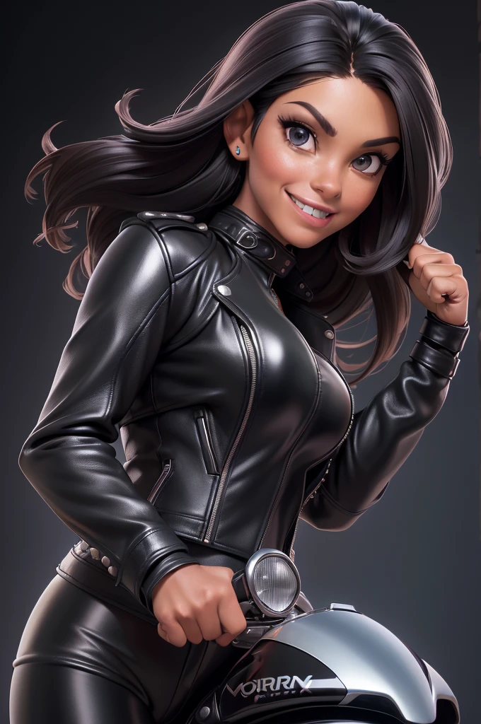obra prima, melhor qualidade, ((only one woman,)) ((morgan ortagus from fox news, dark tan skin, full face and dimple cheeks, sweet smile with teeth, heavy facial makeup)) looking over shoulder at me, big erect cone tits, ((wearing metallic black leather biker moto jacket,)) ((jacket has padded shoulders, jacket has stiff high collar,)) (((wearing shiny black leather pants,))) body is very skinny, arched back, (((hand gripping handle tight, riding motorcycle, extreme closeup view, side front view of upper body,))) shallow depth of field, highres, HD, 8k, anatomically correct
