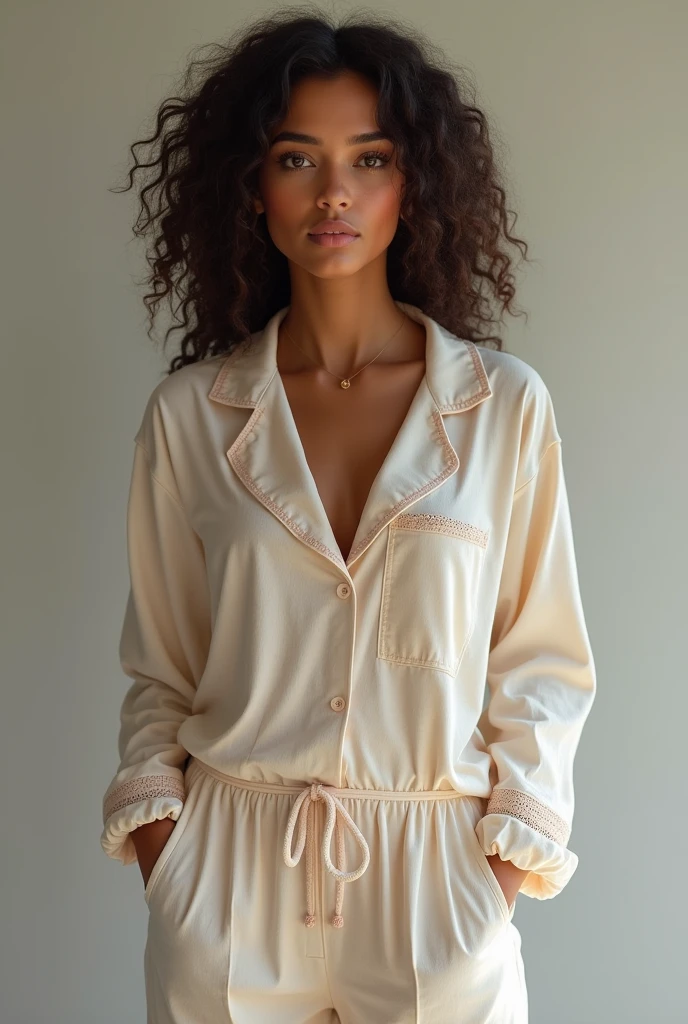 Very realistic woman with brown skin tone wearing pajamas, full body image. More images of the same woman.