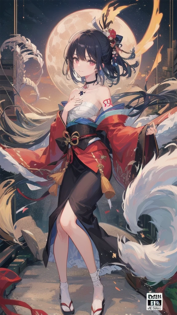 (((((roll up bandage sideways on a chest tightly to cover the chest without gaps))))), (((bandage samweways))),, ((Japanese Gangster BOSS)), adult woman with the dignified presence, Killing Qi, wear nothing around shoulder, wear nothing around neck, wear the kimono, wear it below the waist, (I wind it up to control it, and to attach it), ((kimono come off)) ,wear the kimono multiple times, Bare shoulders and the clavicle, black and gold kimono, put on over jacket of kimono, ((holding a japanese sword, The handle of the sword is black, long sword)), eye fire, low angle, whole body, anime character, Glaring, off sholder, nappropriate smile, Excellent, black blue hair, can see both shoulder, long kimono hem, small face, big tattoo on the arm, background Japanese gate with circlr mark,muscular,drink sake,fullmoon in the sky, The kimono is spreading,ultra-detailed,super beautiful,Masterpiece,Killing Qi,Intimidation,zoom up, a person,Selfish person,in japanese veranda