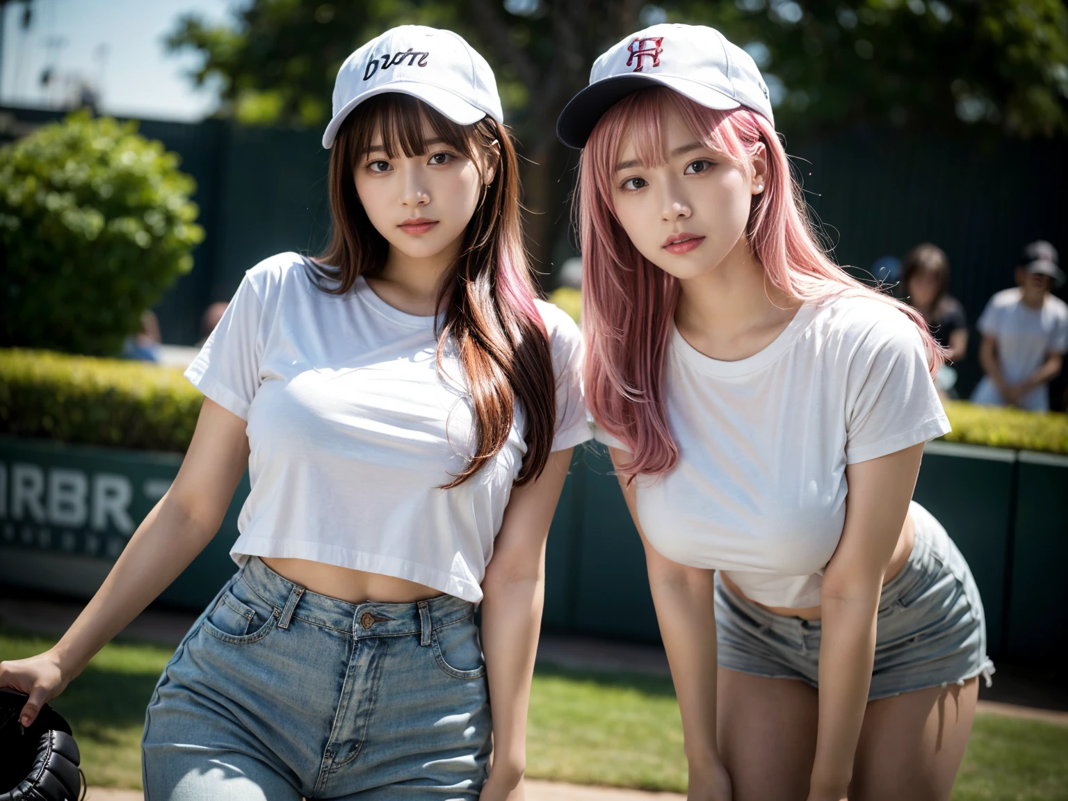2 girls, 21yo girl,pink hair,long hair, wearing oversize white t-shirt, hot pants, wearing a baseball cap, natural big breast, show big thigh, plump body, single sidelock hairpin blush modern cinematic lighting,ray tracing,drop shadow wide shot UHD,textured skin,high details,best quality 4K, (from below:1.2), (realistic:1.1), (surreal:1.2), (very detailed:1.1)