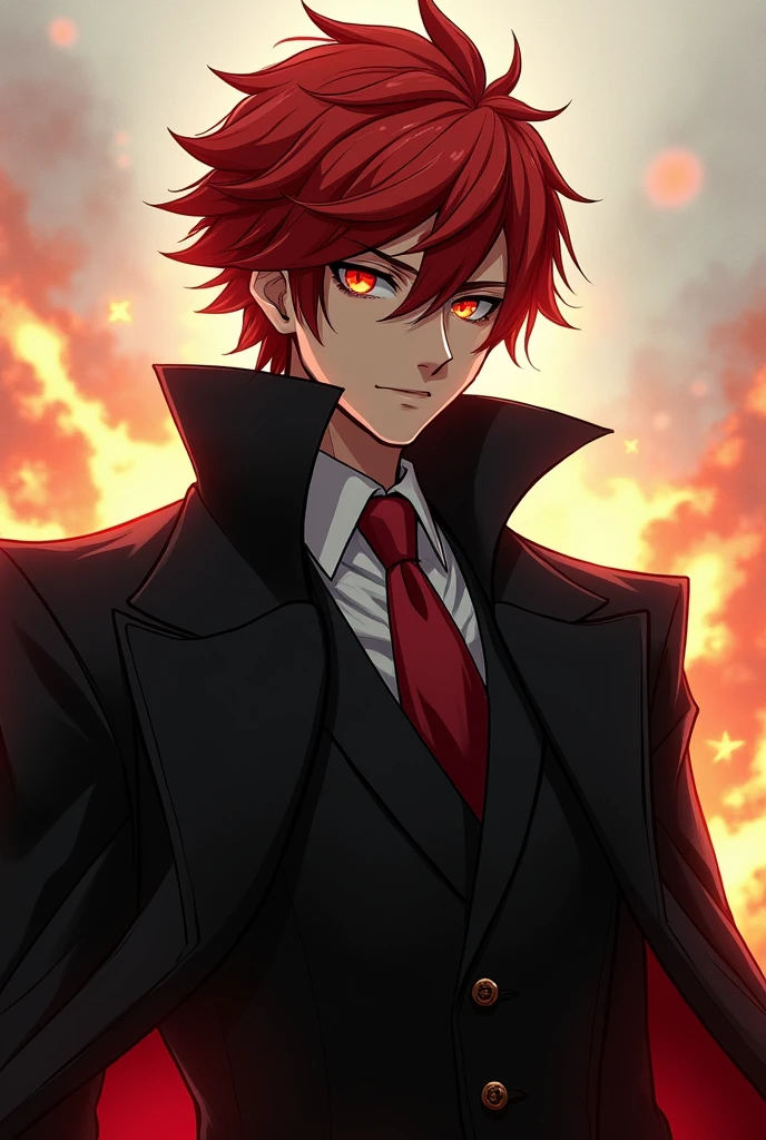 A 19 year old young man, 1,80m de altura, fair skin and bright red hair, disheveled in sharp points that fall over his large, expressive eyes. Your eyes are normally black, but when his dark personality emerges, they become bright orange, like embers. His face is angular, with sharp anime-like features, and his expressions range from serene to menacing. He wears a long, black coat, that dramatically flows behind him, reinforcing his mysterious and imposing air.