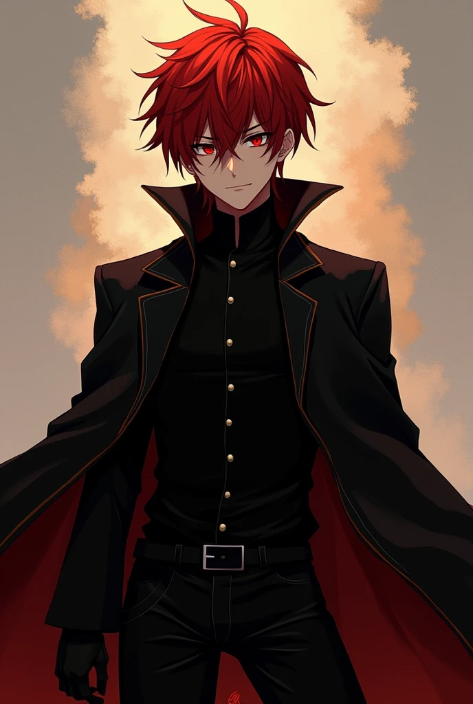 A 19 year old young man, 1,80m de altura, fair skin and bright red hair, disheveled in sharp points that fall over his large, expressive eyes. Your eyes are normally black, but when his dark personality emerges, they become bright orange, like embers. His face is angular, with sharp anime-like features, and his expressions range from serene to menacing. He wears a long, black coat, that dramatically flows behind him, reinforcing his mysterious and imposing air.