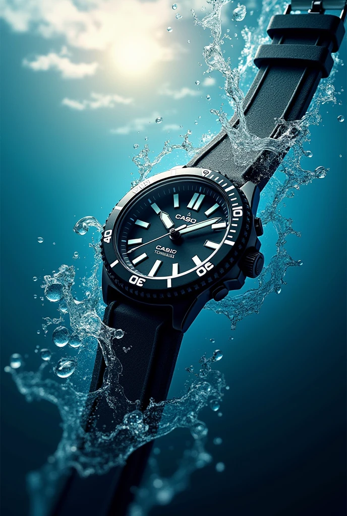 Headline: Dive into Tomorrow
Body copy:
Beyond the surface lies adventure. The Casio Waterproof Watch is your ultimate aquatic partner. Crafted for the depths, yet designed for every day. Its sleek profile hides a spirit of resilience, ready to conquer any wave or pool.
Dare to explore. Your time starts now.
Call to action: Make a splash. Visit your nearest Casio dealer or explore our online store.
Tagline: Casio Waterproof. Time for Every Tide.
add body, tagline, logo and headline on picture with call to action