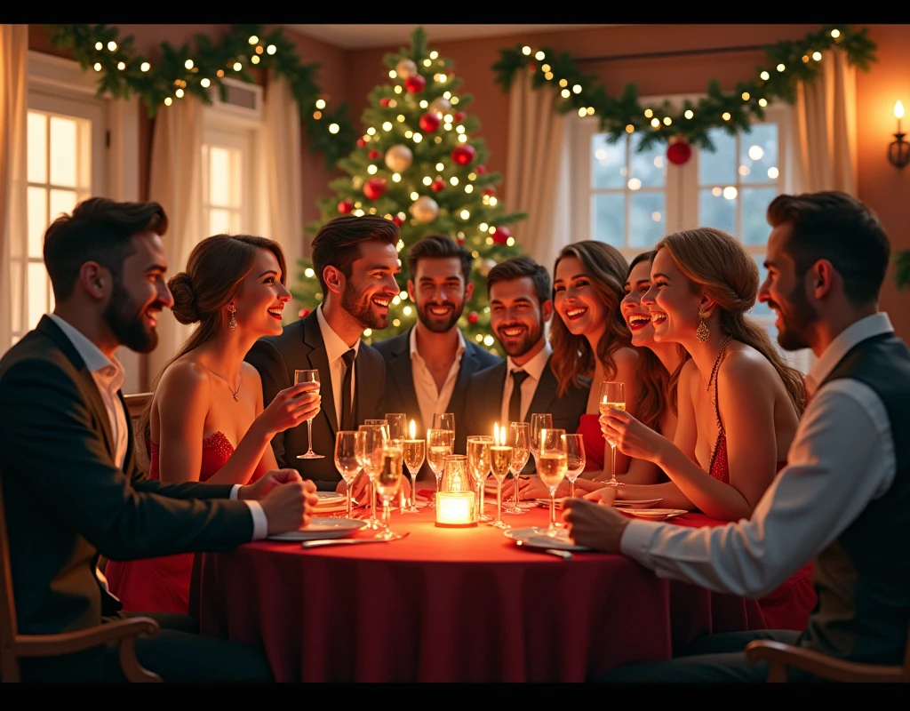Imagine 10 happy people at a fun Christmas inn, all dressed up.