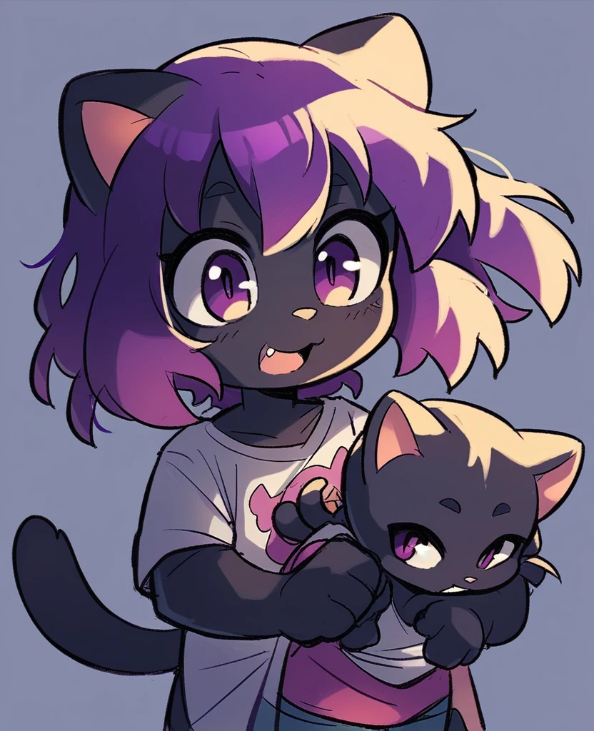 little cat, kid girl cat, cub, fully black fur, purple hair, purple eyes, cute doodle