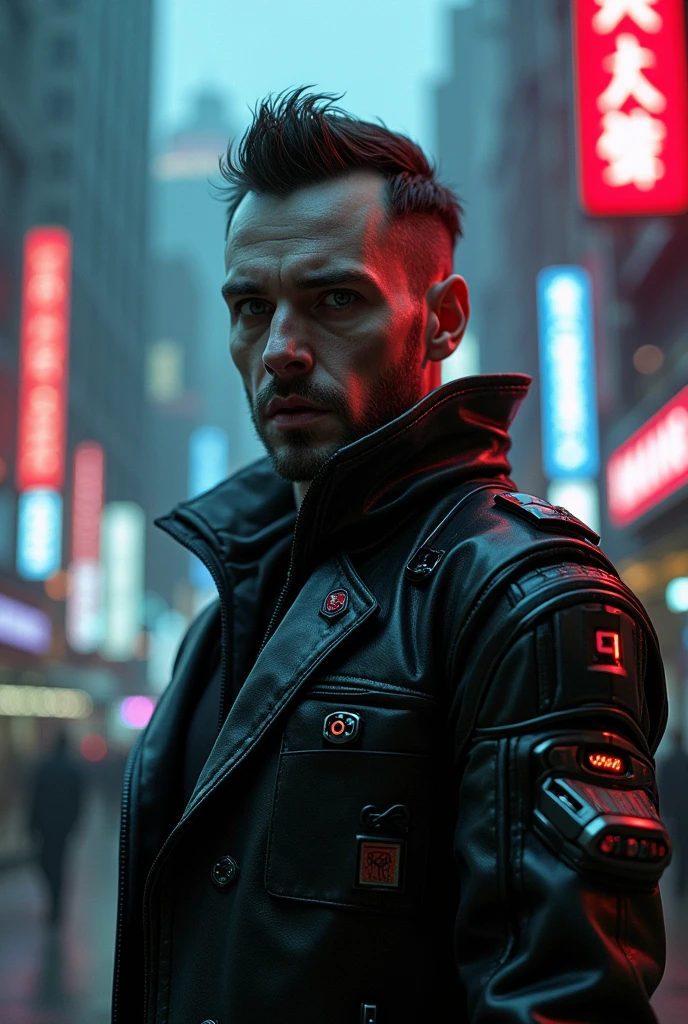 portrait a vampire man with robot parts, cyberpunk street, Blade Runner style, dark moody lighting, neon lights, gritty, detailed, cinematic, atmospheric, (best quality,8k,ultra-detailed,photorealistic:1.4),dramatic lighting,advanced technology,moody and atmospheric,intricate details,dramatic shadows,neon city,futuristic setting,intricate mechanical parts,dynamic pose,intense gaze,metallic textures,glowing elements