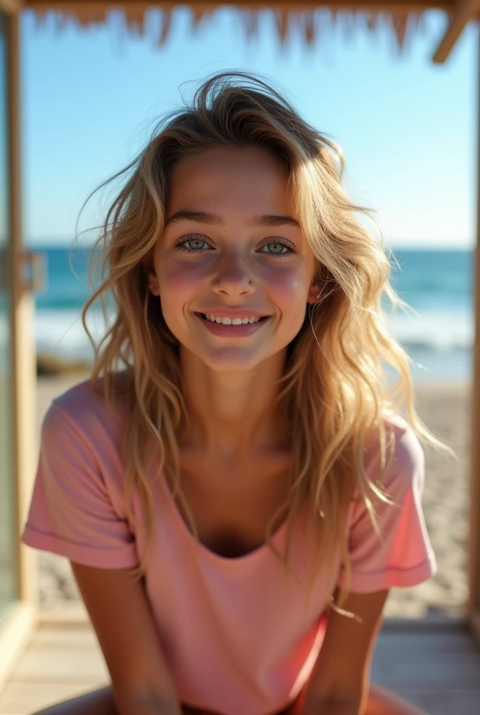 The focus of the photo is a 22-year-old individual with naturally wavy brown hair adorned with blonde highlights. The person’s face is innocent, with a natural and charming smile, and their blue eyes are meticulously detailed. The photograph is taken in 4K resolution with high quality, using a Canon 85 mm lens. The individual is wearing a black top and is set against the backdrop of a natural, cozy room. Inside the room, the details of the person's soft and natural skin, including texture and realism, are highlighted. The photograph showcases the highest quality and realistic details, particularly in the eyes and skin texture. In the background, there is a coastal scene. The person is positioned in front of a beach backdrop, crouched down, surrounded by gentle sunlight and natural ambiance. The top is short-sleeved and pink, styled to match the scene. Behind the individual, the view of the sea and the clear blue sky is prominently visible. The photograph is shot with cinematic lighting and side lighting, using a warm color palette. It is rendered in high resolution and realistic detail, with every aspect carefully crafted. The clarity and realism of the photo are presented in 8K UHD resolution with maximum detail she taking photo for onlyfans.