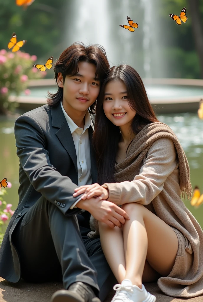 full body) Asian male couple with medium length mauve mullet haircut wearing a suit jacket and Asian female with long hair style, get dressed,short jeans,pashmina,sneakers) they are sitting hugging smiling,Face view focused on the front camera with a water fountain and flowers in the background.,Butterflies are flying around, capturing the romantic atmosphere with soft and romantic light reflections. It looks natural and authentic.. 35k resolution full HD., photo