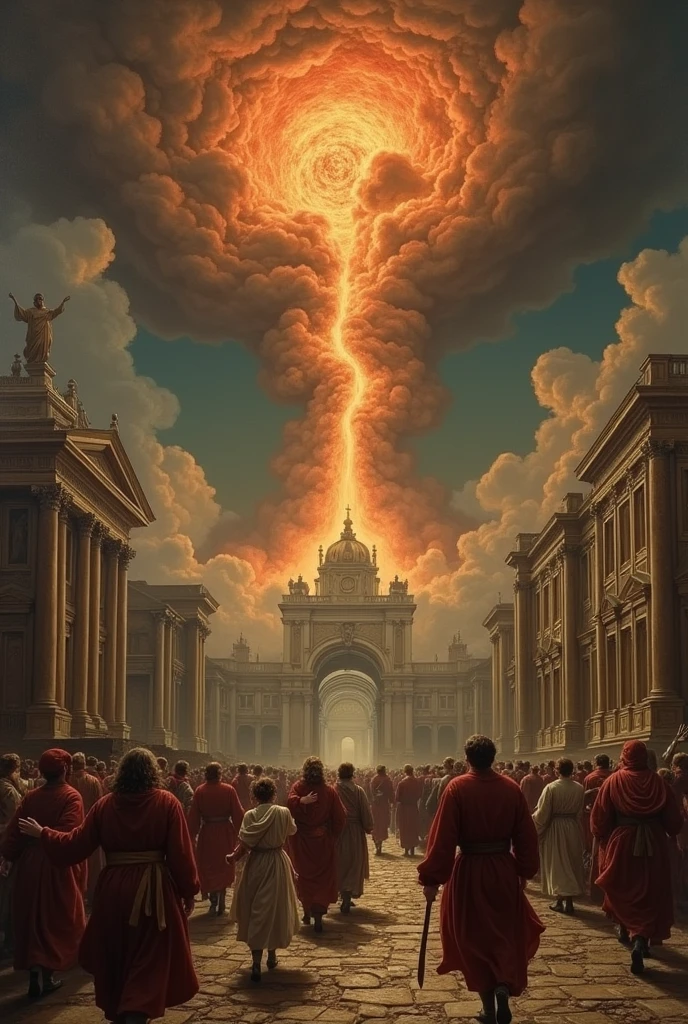 Destruction of Rome by the eruption of a volcano, medieval gothic painting 