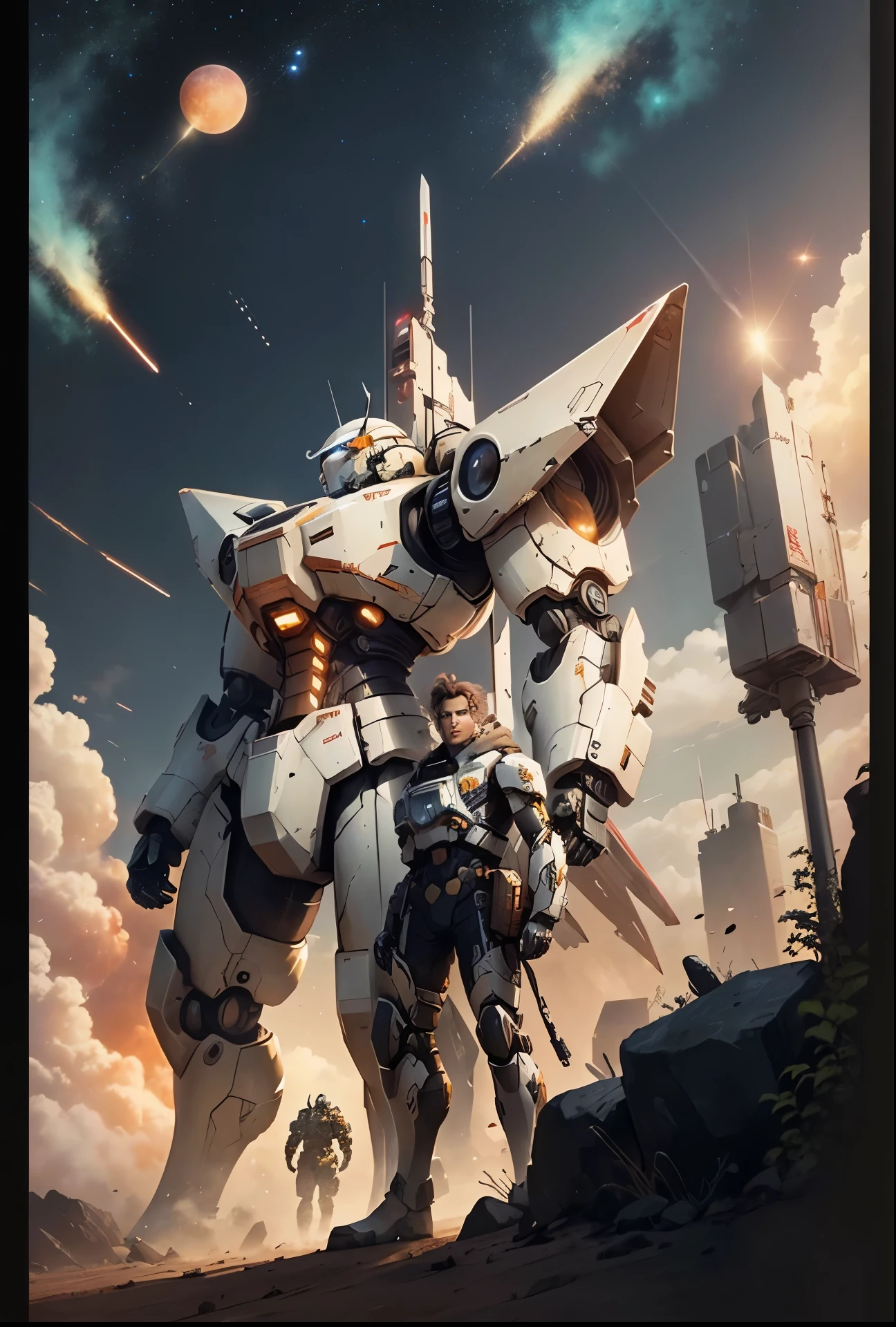 Complete the image with the mecha war in Jupiter and sky above them,