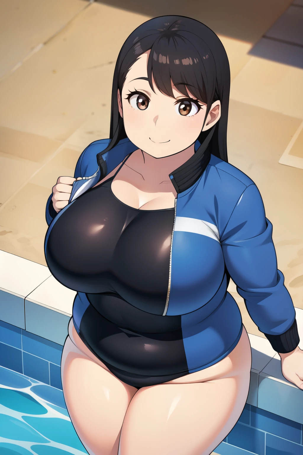 Plump year 21 big breasts black hair brown eyes chubby longer hair big breastview seen from above jacket swimsuit smile