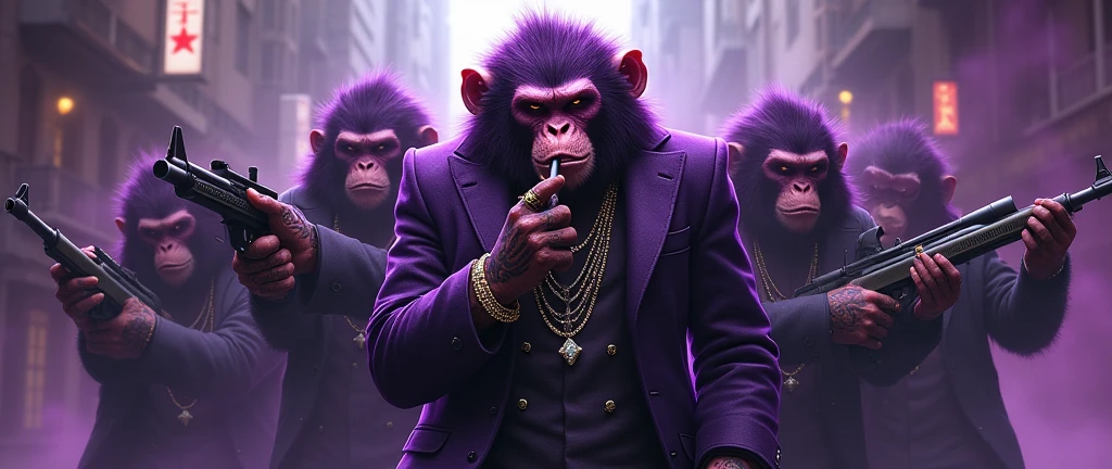 purple monkey gang, with a purple Simia hermbra in the middle, With giant and high-caliber weapons, with gangster SUIT with chains, tattooed, with huge diamond and gold rings, smoking with a pipe