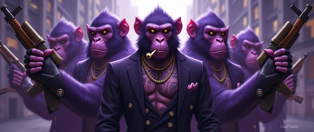 purple monkey gang, with a purple Simia hermbra in the middle, With giant and high-caliber weapons, with gangster SUIT with chains, tattooed, with huge diamond and gold rings, smoking with a pipe