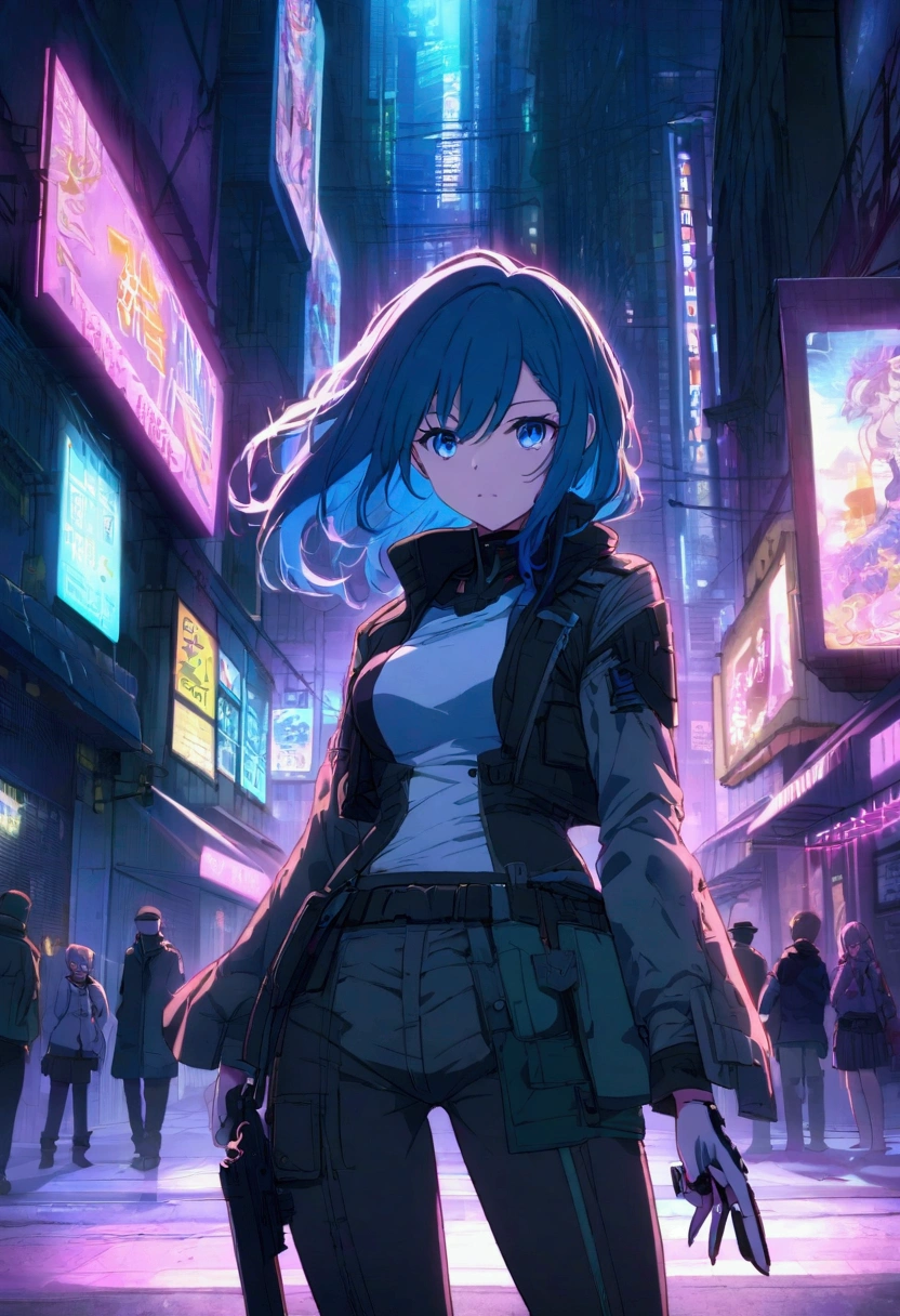 an anime, a sensual blue-haired girl, blue eyes, dressed as a cyberpunk mercenary, urban style, she wields a sword in one hand and a pistol in the other, in the background a futuristic city dazzles with its neon lights.