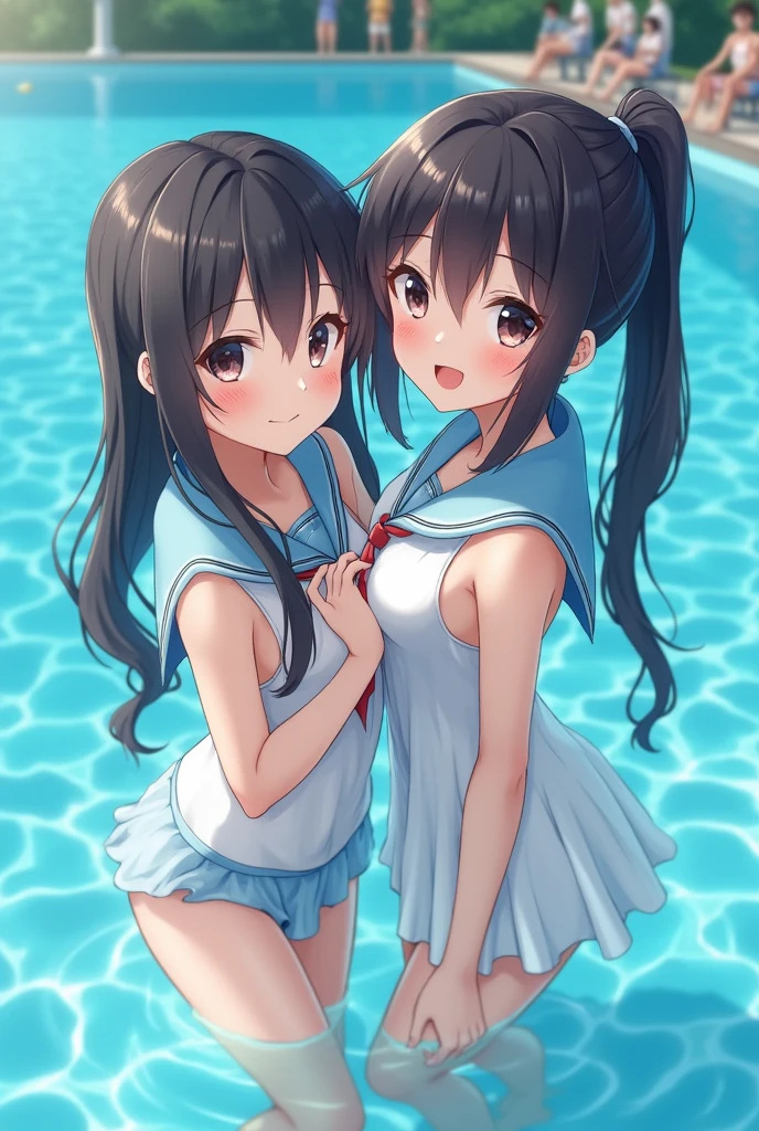 Highest quality、High resolution、Detailed Background、(Beautiful face in every detail:1.4)、Detailed facial expressions、Detailed eyes、Teenage beauty、Highly detailed face、(Huge breasts:1.2)、Perfect body line、ponytail、Twin tails、A sheer white sailor dress、Light blue sailor collar、My clothes are wet and transparent、Accentuate your cleavage、Panty Shot、Poolside、A big smile、cute、
(Two beautiful girls enjoying water activities at a water park.:1.5)