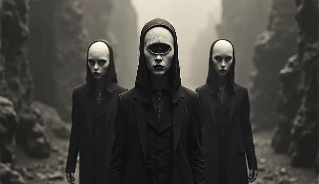 in (full shot:3.1), ((Very old photograph in sepia tone only)), Surreal, monochrome image featuring three individuals with unique and striking appearances. The three figures have a large, (LeMarchand Cube Puzzle)-like structure covering their heads, (with a single large prominent eye in the middle:2.2). Their skin is pale and they have dark, bold lips. The texture of their clothing appears rough and uneven. The individuals with porcelain-like skin. (They walk in the background of a dark, surreal, textured landscape, enhancing the creepy, supernatural atmosphere of the scene, horrified, deceptive, insane, disgusting, disturbing, disturbing, shocking, vintage, old film:1.5), (inspired by Zdzislaw Beksinski and Wayne Barlowe), cgsociety, art deco, 1920s, hyperdetailed, 1920s Hellraiser film, digital illusions, photorealistic, artistic visuals inspired by Fritz Lang. ((motion picture film)), ultra-detailed, chiaroscuro, RAW photo, cinematic, artstation style, concept art, masterpiece, 8k, black and white, realistic textures, 3D rendering