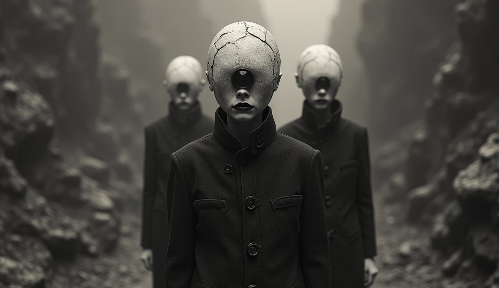 in (full shot:3.1), ((Very old photograph in sepia tone only)), Surreal, monochrome image featuring three individuals with unique and striking appearances. The three figures have a large, (LeMarchand Cube Puzzle)-like structure covering their heads, (with a single large prominent eye in the middle:2.2). Their skin is pale and they have dark, bold lips. The texture of their clothing appears rough and uneven. The individuals with porcelain-like skin. (They walk in the background of a dark, surreal, textured landscape, enhancing the creepy, supernatural atmosphere of the scene, horrified, deceptive, insane, disgusting, disturbing, disturbing, shocking, vintage, old film:1.5), (inspired by Zdzislaw Beksinski and Wayne Barlowe), cgsociety, art deco, 1920s, hyperdetailed, 1920s Hellraiser film, digital illusions, photorealistic, artistic visuals inspired by Fritz Lang. ((motion picture film)), ultra-detailed, chiaroscuro, RAW photo, cinematic, artstation style, concept art, masterpiece, 8k, black and white, realistic textures, 3D rendering