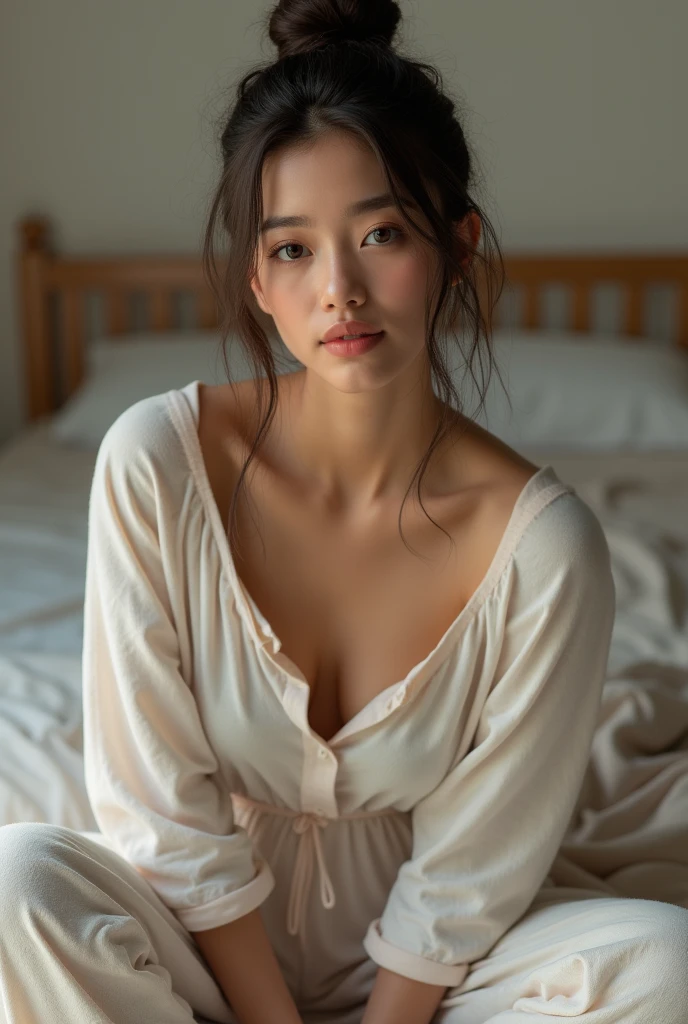 Very realistic woman with brown skin tone and pajamas, image with tied hair, full body. More images of the same woman.