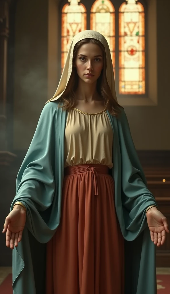 Beautiful Virgin Mary, whole body, A reddish-beige tunic with a pale blue cloak and veil, Inside the church, night, Stained glass in the background, Cinematic proof