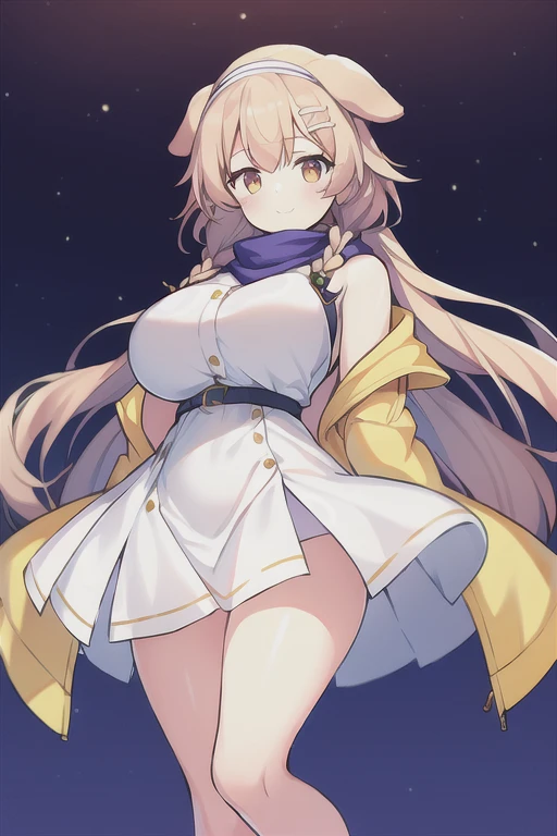 1girl, Korone, smile, dog ears, twin braids, sidelocks, hair ornament, ((white dress)), yellow jacket, dress, jacket, open clothes, open jacket, short dress, sleeveless dress, huge breasts, wide hips, thick thighs, tall, tall female, mature female, bandana, scarf, hourglass figure, arms behind back, standing, ((arms behind back))