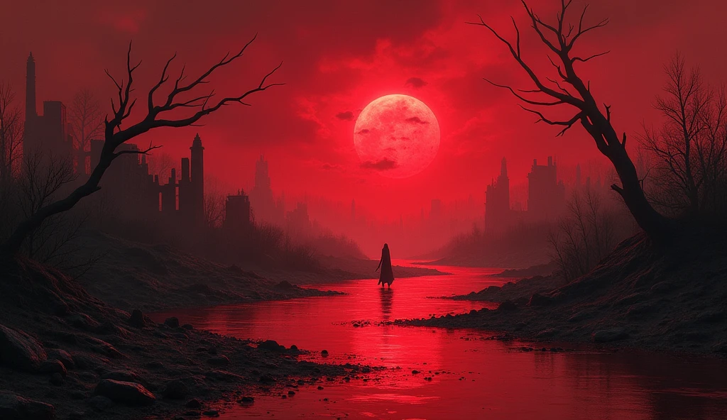 Bloody river, red sky, horror