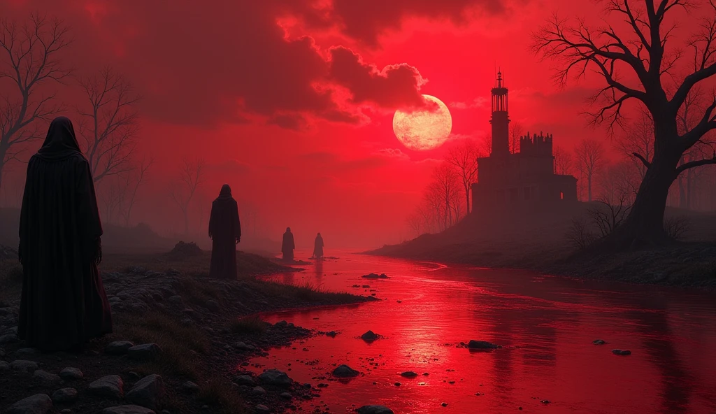 Bloody river, red sky, horror