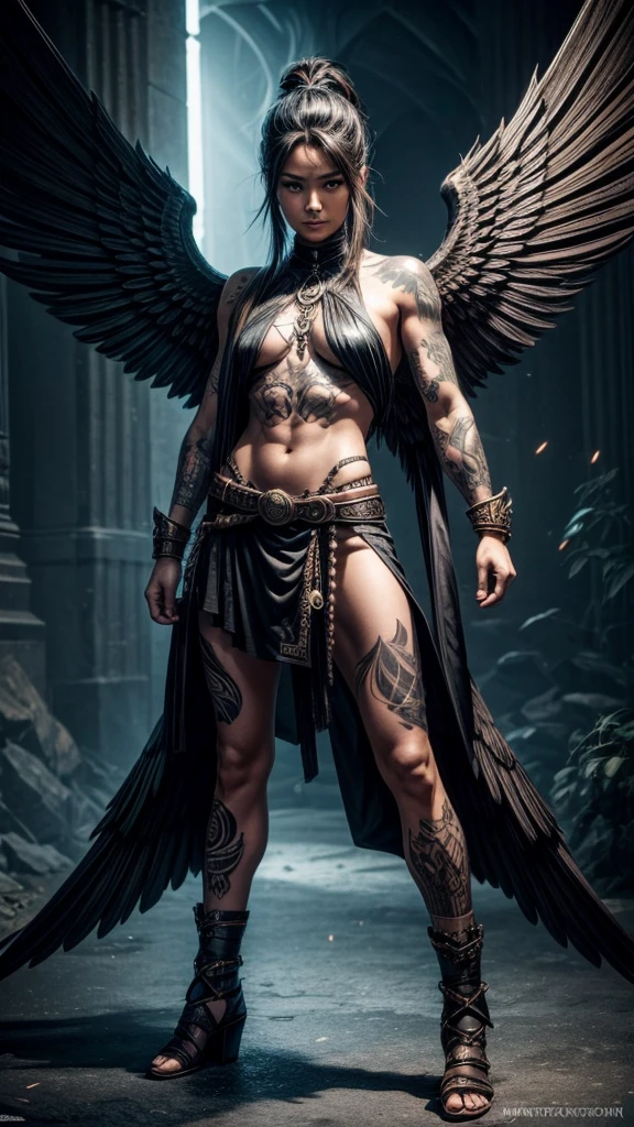 Full body warrior with wings tattoo style with hair type