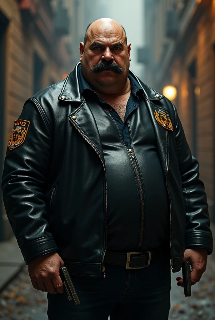 Make a fat man wearing black leather clothes, bald and a mustache , his clothes have a badge that says hunter