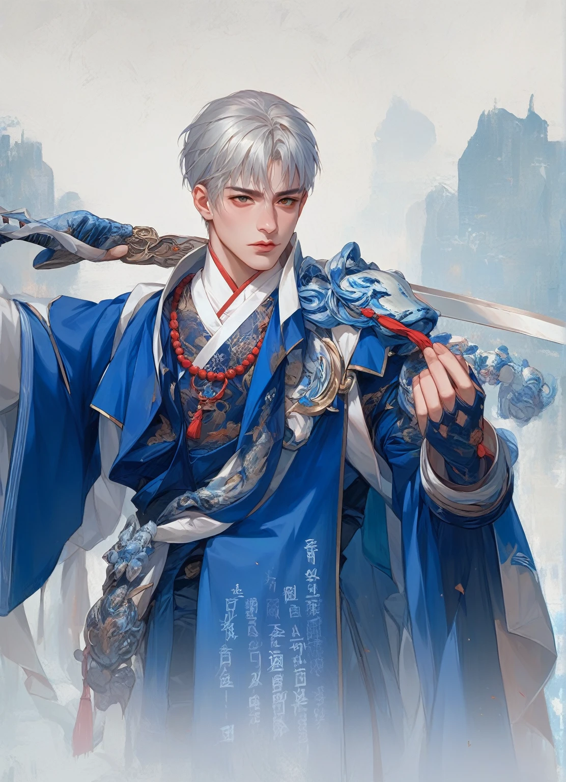 anime character dressed in blue holding a sword and a sword, zhao yun, heise jinyao, inspired by Guan Daosheng, inspired by Bian Shoumin, inspired by Zhao Yuan, cai xukun, inspirado em Hong Ren, inspired by Dong Yuan, g liulian art style, inspired by Zhang Han, chinese fantasy, inspired by Cao Zhibai