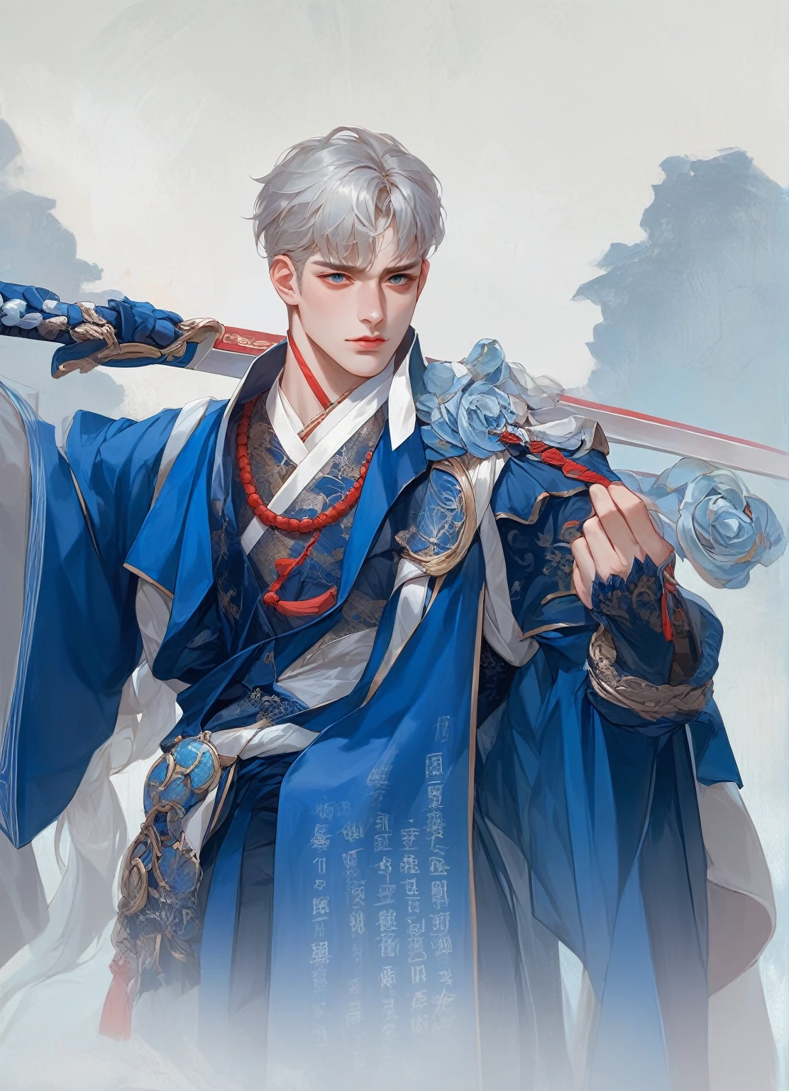 anime character dressed in blue holding a sword and a sword, zhao yun, heise jinyao, inspired by Guan Daosheng, inspired by Bian Shoumin, inspired by Zhao Yuan, cai xukun, inspirado em Hong Ren, inspired by Dong Yuan, g liulian art style, inspired by Zhang Han, chinese fantasy, inspired by Cao Zhibai
