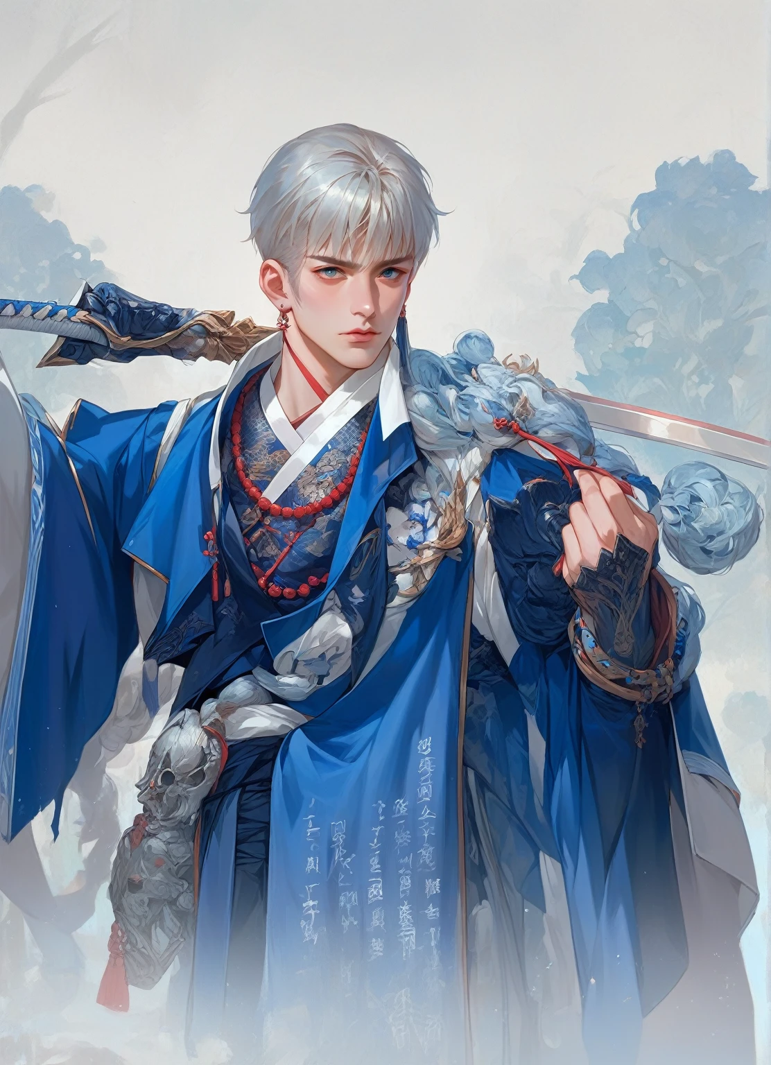 anime character dressed in blue holding a sword and a sword, zhao yun, heise jinyao, inspired by Guan Daosheng, inspired by Bian Shoumin, inspired by Zhao Yuan, cai xukun, inspirado em Hong Ren, inspired by Dong Yuan, g liulian art style, inspired by Zhang Han, chinese fantasy, inspired by Cao Zhibai