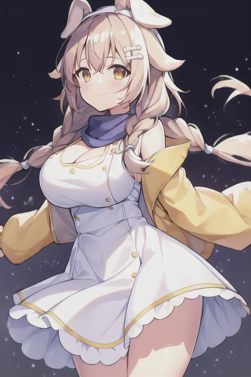 1girl, Korone, smile, dog ears, twin braids, sidelocks, hair ornament, ((white dress)), yellow jacket, dress, jacket, open clothes, open jacket, short dress, sleeveless dress, huge breasts, wide hips, thick thighs, tall, tall female, mature female, bandana, scarf, hourglass figure, arms behind back, standing, ((arms behind back))
