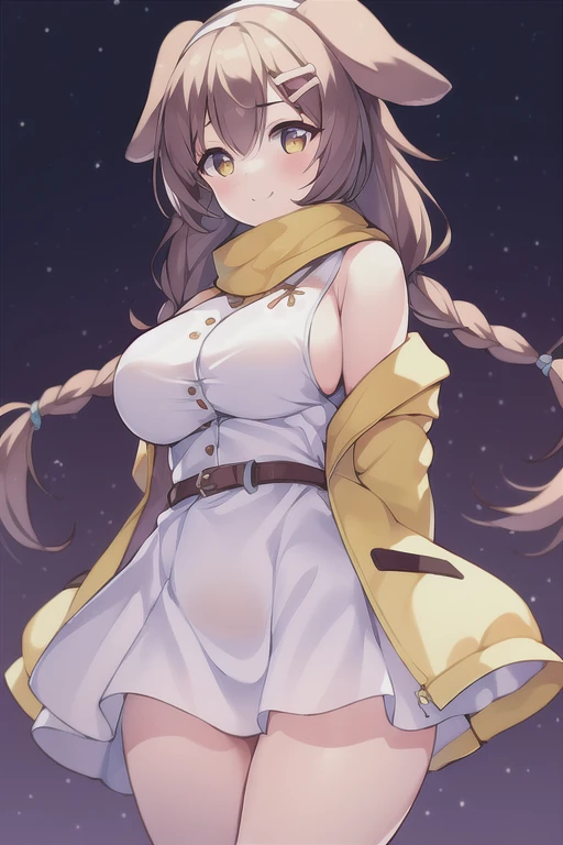 1girl, Korone, smile, dog ears, twin braids, sidelocks, hair ornament, ((white dress)), yellow jacket, dress, jacket, open clothes, open jacket, short dress, sleeveless dress, huge breasts, wide hips, thick thighs, tall, tall female, mature female, bandana, scarf, hourglass figure, arms behind back, standing, ((arms behind back))