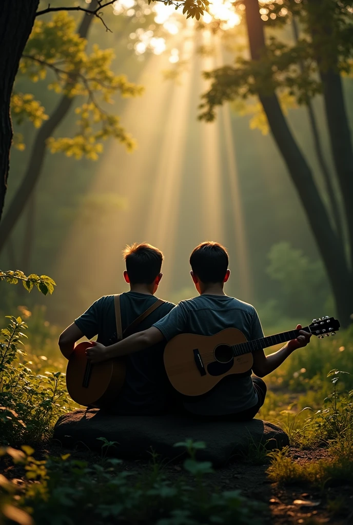 Father and son tattoo playing guitar in the twilight forest sitting on a rock. image taken from afar