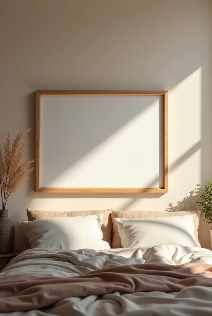 Modern wood horizontal picture frame at cozy bed room, 4k