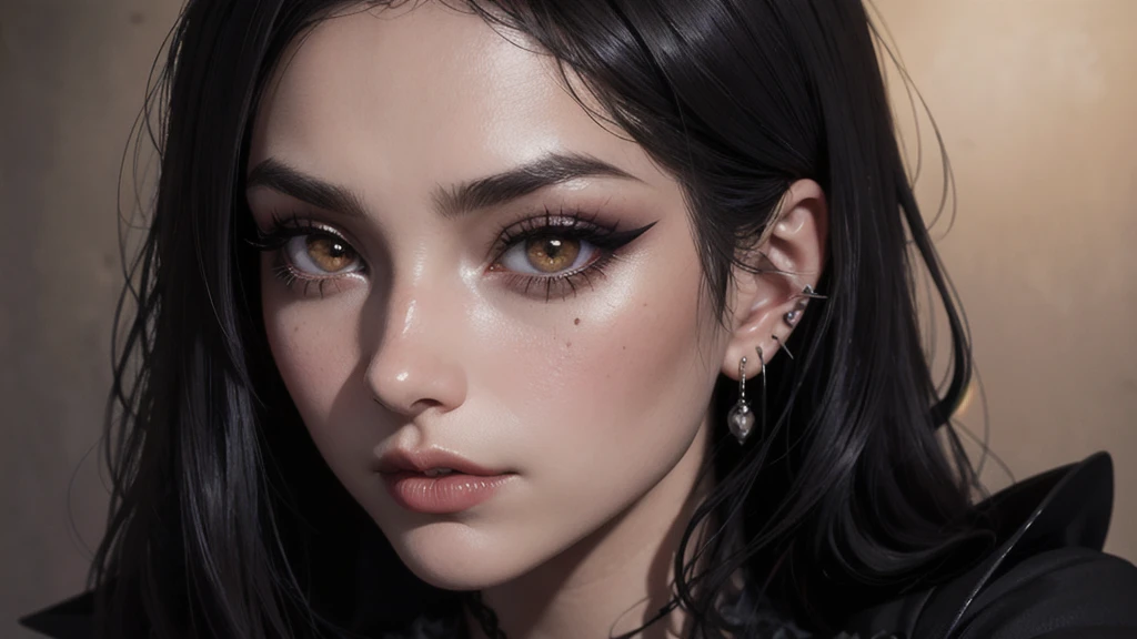 face close up, Glamour photography of a random stylish Gothic girl, nervous mood, dark, mask, eyeliner, dark cheeks, Unique face piercings with artistic jewelry, round eyes, dimple, smoky eye makeup, defined jawline, Hautporen, shiny skin, grainy, harsh flash, Sepia-Tone