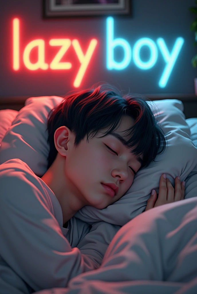 (photorealism:1.2), a young lazy guy sleeping in a saw and written in background lazy boy in anime character
