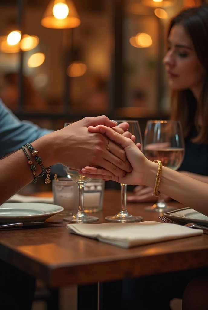 A photo of a table in a restaurant (Two friends with only their hands visible) not animated
