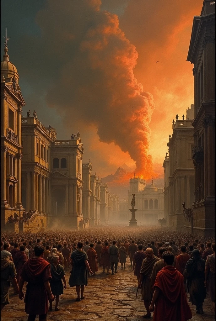 a painting of a man and two women fleeing in front of a city, an ancient city on fire, epic biblical representation, apocalyptic scene, art of the apocalypse, burning city in the background, hell background, real hellscape in the background, hellish landscape , in the style of baroque classicism, sculptures of destroyed devices, representations of works, trompe-l'oeil illusionistic details, emotional and dramatic scenes, 17th century, archaeological object, light, unreal engine 5 and Octane Render, highly detailed, photorealistic, cinematographic