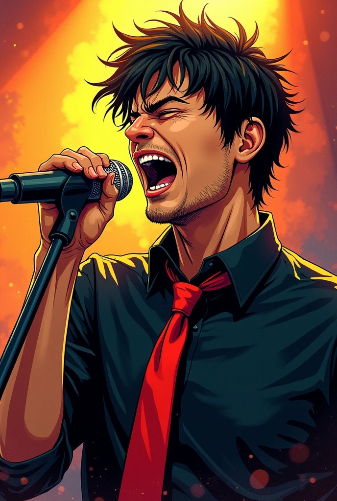 The atmosphere is like a shonen manga、An oblique view of a sweaty man holding a microphone and singing passionately、Wearing a black shirt and a red tie