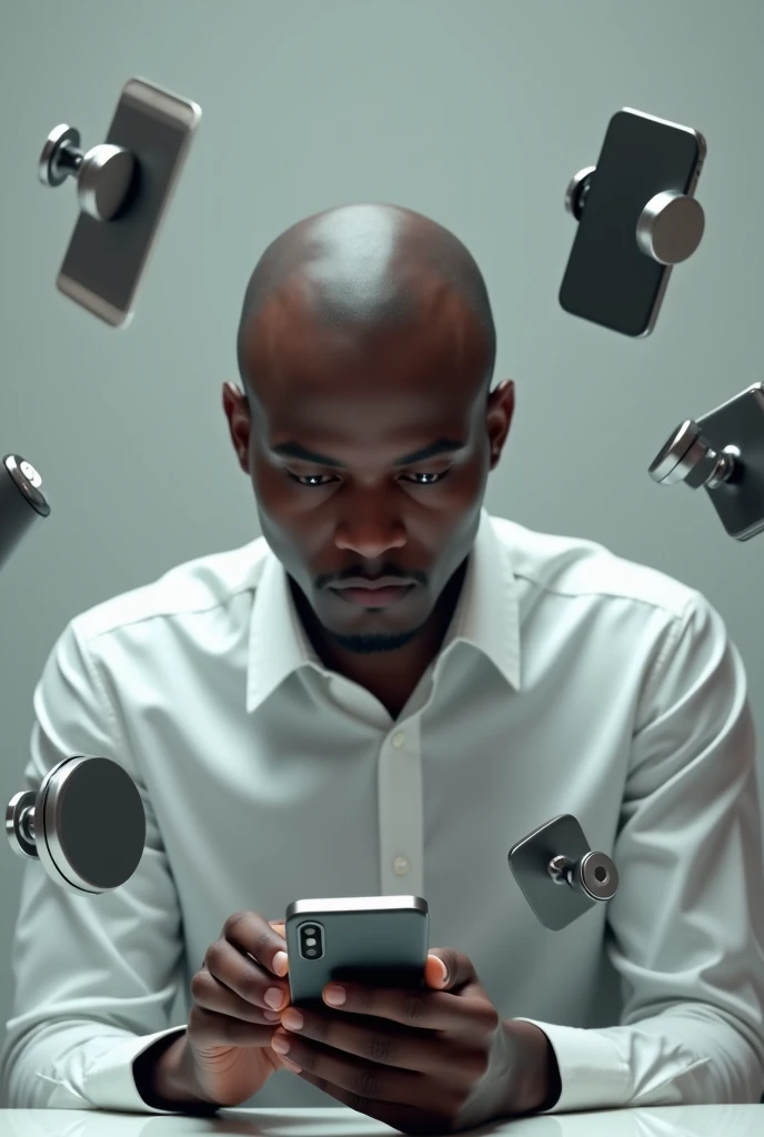 A bald black man looking at his phone with multiple floating magnetic phone holders around him.