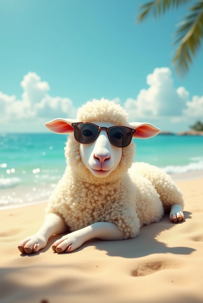 A sheep on the beach wearing sunglasses