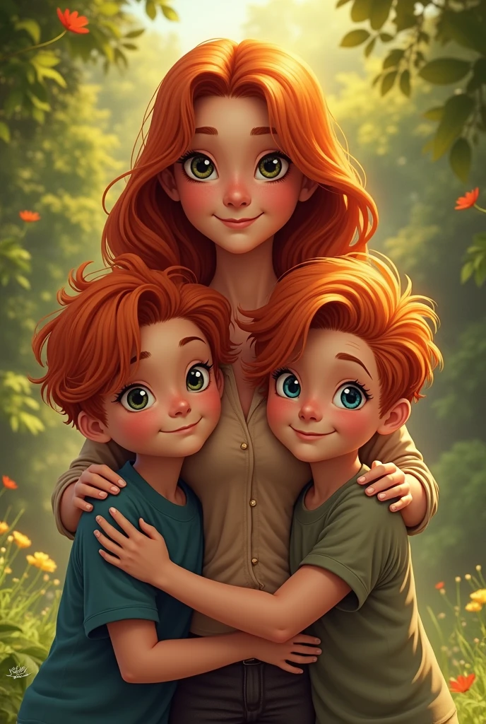 A redheaded mother with two redheaded twin sons 
