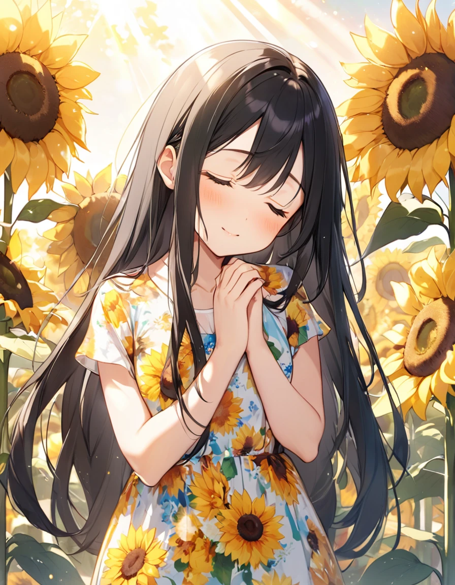 ,cute,cute,Chest to head,Straight hair,Long Hair,Black Hair,sunny,Light shines in,Floral Print Dress,Are standing,Close ~ eyes,noon,pray,Hand to hand,Sunflower background