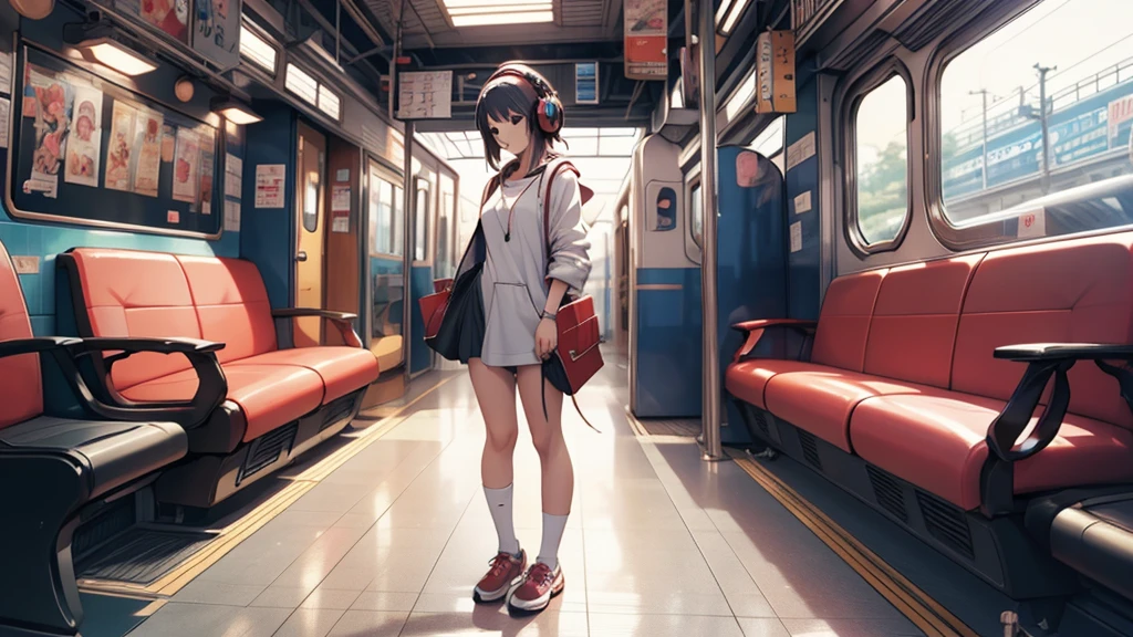 A woman wearing headphones, Anime Style 4 k, anime wallpaper 4k, anime wallpaper 4k, 4k anime wallpaper, anime art wallpaper 4k, anime art wallpaper 4k, Anime Style. 8k, Anime atmosphere, Ultra HD Anime Wallpaper, Anime Art Wallpaper 8K, Anime Background、train、trainの中、trainに乗っている、train