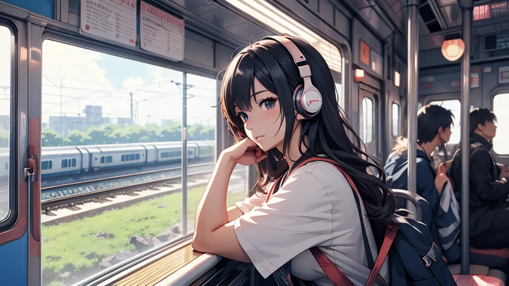 A woman wearing headphones, Anime Style 4 k, anime wallpaper 4k, anime wallpaper 4k, 4k anime wallpaper, anime art wallpaper 4k, anime art wallpaper 4k, Anime Style. 8k, Anime atmosphere, Ultra HD Anime Wallpaper, Anime Art Wallpaper 8K, Anime Background、train、trainの中、trainに乗っている、train