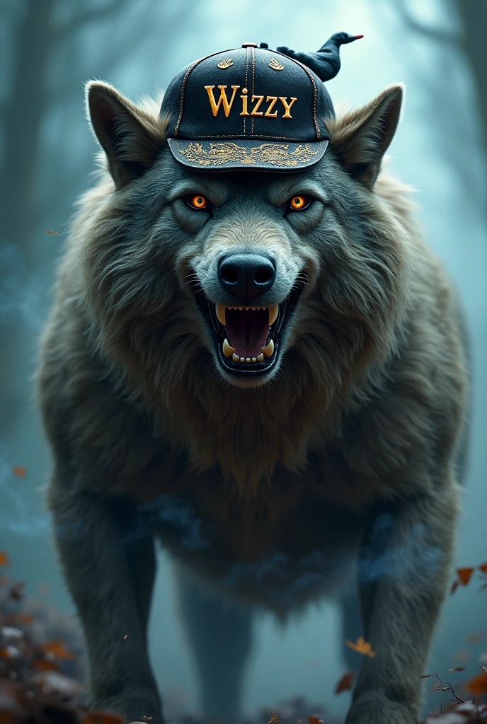 A beast dog wearing a cap that say Wizzy