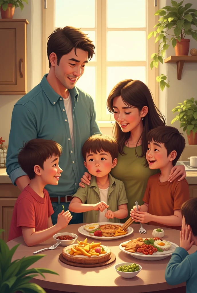 a family of four, a father and mother, who live with others